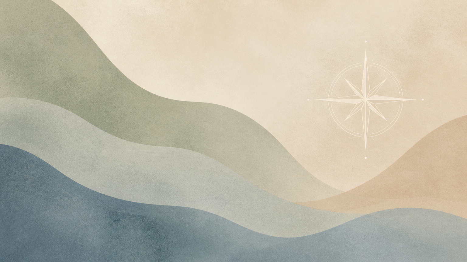 Abstract minimalist gradient composition with a thin-line compass star in sage, dusty blue, and warm beige
